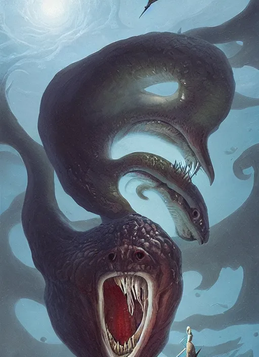 Image similar to a vampire!!!! with a sea lamprey!!!! mouth!!!, in the styles of ( national geographic ), peter mohrbacher, gerald brom, and marc simonetti, intricate, hyperrealistic, volumetric lighting