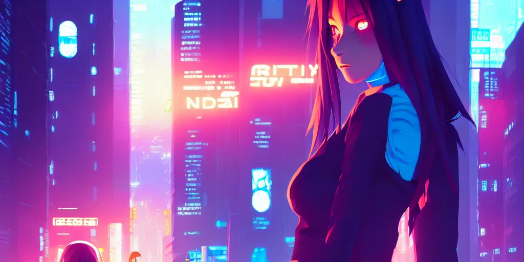 Image similar to digital illustration closeup of cyberpunk pretty girl with blue hair in city street at night by makoto shinkai, ilya kuvshinov, lois van baarle, rossdraws, basquiat