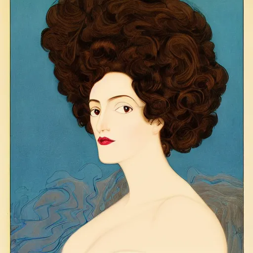 Image similar to oil painting of a portrait of a Queen dark curly hair, fair skin, by Patrick Nagel, by Georgia O Keeffe, by Gustave Moreau, art deco, matte drawing, storybook illustration, tonalism, realism