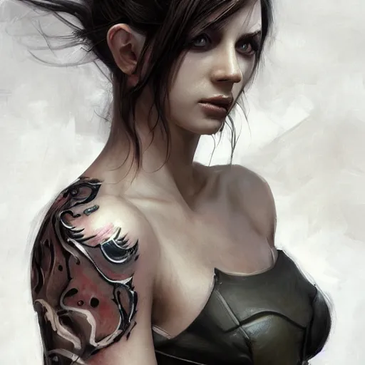 Prompt: tattoo design, a professional painting of a beautiful young female, partially clothed in battle armor, olive skin, long dark hair, beautiful bone structure, upper body, symmetrical facial features, intricate, elegant, digital painting, concept art, smooth, sharp focus, illustration, from Metal Gear, by Ruan Jia and Mandy Jurgens and Greg Rutkowski and Artgerm and William-Adolphe Bouguerea and artgerm
