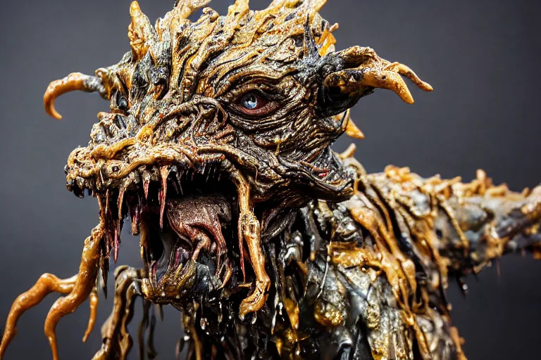Prompt: photo taken of an epic intricate, ultra detailed, super realistic sculpture of a wet bloodied slimy nightmarish hellish demonic doglike creature on display in a workshop, created by weta workshop, full body shots, photorealistic, sharp focus, f 0. 4, face centred, macro photography, golden ratio,
