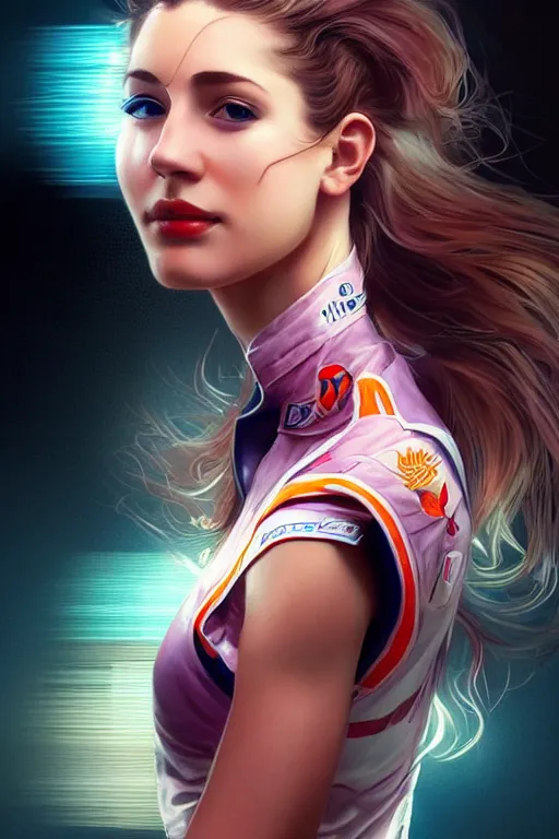 Prompt: portrait beautiful female formula one racer, wearing formula one racer uniform, formula one car as background, ssci-fi, fantasy, intricate, very very beautiful, elegant, human anatomy, neon light, highly detailed, digital painting, artstation, concept art, soft light, smooth, sharp focus, illustration, art by tian zi and WLOP and alphonse mucha