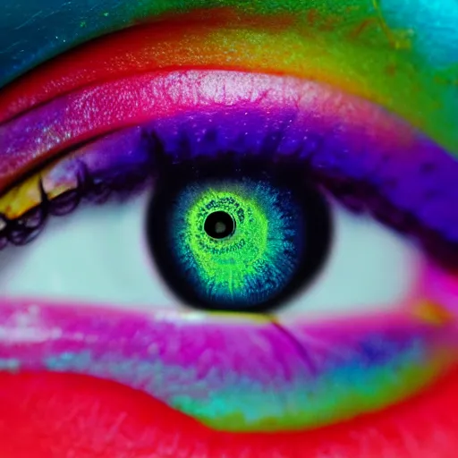 Prompt: (((((((( film still of a human eye with rainbow iris : realistic skin, realistic eye lashes : 8K UHD : colour splash !!!!!!