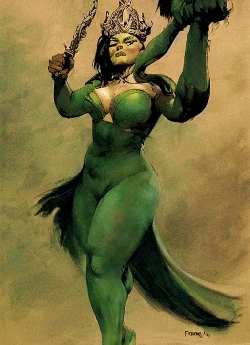 Image similar to mighty plump female sorceress, green tiara, strong line, muted color, beautiful! coherent! by frank frazetta, by brom