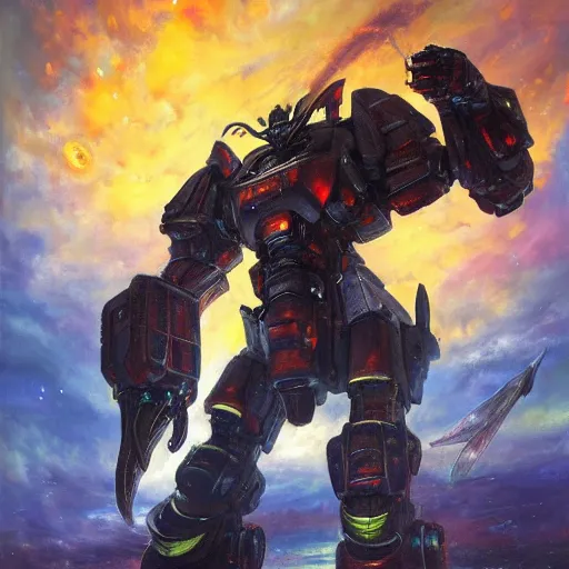Image similar to giant mech fighting a dragon, battling, fire, in space, scifi, oil painting