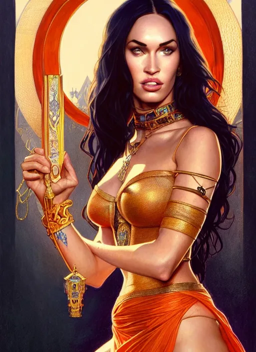 Image similar to portrait of megan fox as a queen, throne, jewelry, greek, orange, intricate, headshot, highly detailed, digital painting, artstation, concept art, sharp focus, cinematic lighting, illustration, art by artgerm and greg rutkowski, alphonse mucha, cgsociety