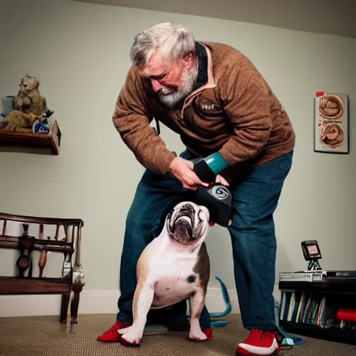 Prompt: Buddy the graying middle aged homeless man fighting with a crowned royalty english bulldog over an xbox controller, photo by Wes Anderson