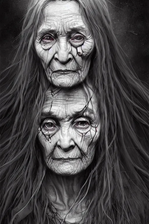 Image similar to very old woman crone with long scraggly hair, wearing torn rags, character concept art, intricate details, highly detailed photorealistic portrait in the style of adam hughes, seseon yoon, artgerm and warren louw