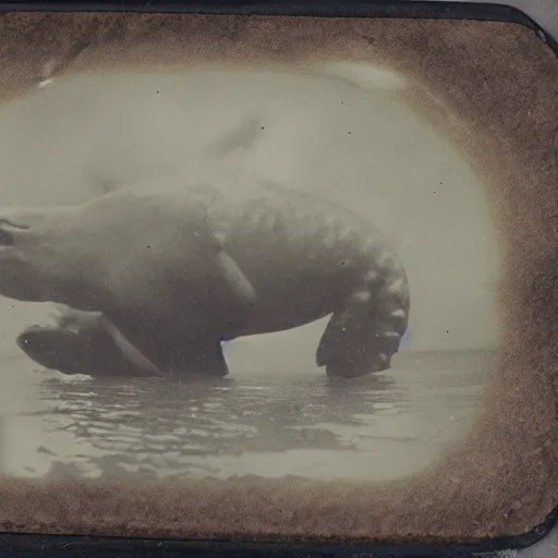 Image similar to tintype photo, underwater, huge monster