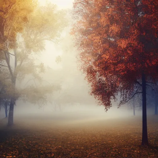 Image similar to shot in 7 0 mm, daydream, rustic autumn trees in the countryside, textured 3 d, intense detail, hyperealism, foggy morning, sun shines upon it, 4 k