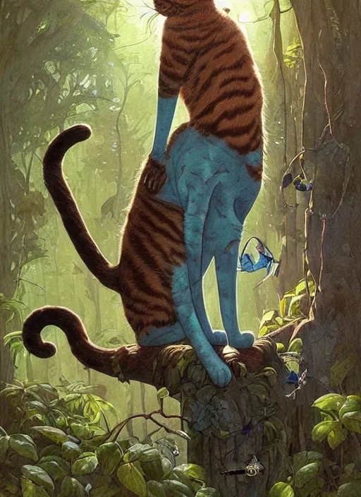 Image similar to a cat with happy lighting and technology jewelry in the woods gorgeous lighting, sunbeams blue sky, lush forest foliage painting by chiara bautista and beksinski and norman rockwell and greg rutkowski weta studio, and lucasfilm