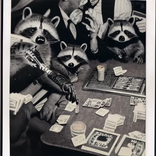 Image similar to polaroid photo of gangster raccoons in smokings, smooking cigar, playing poker, dollars on table