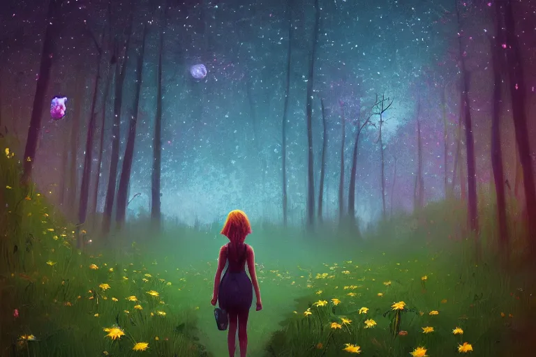 Prompt: giant bunch of daisy flowers head, girl walking in dark forest, surreal photography, dark night, stars, moon light, impressionist painting, clouds, digital painting, artstation, simon stalenhag