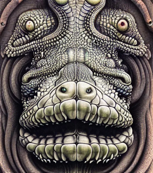 Image similar to detailed realistic beautiful iguana goddess face portrait by jean delville, gustave dore, iris van herpen and marco mazzoni, art forms of nature by ernst haeckel, art nouveau, symbolist, visionary, gothic, neo - gothic, pre - raphaelite, fractal lace, intricate alien botanicals, ai biodiversity, surreality, hyperdetailed ultrasharp octane render