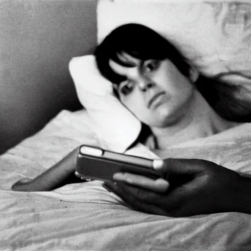 Prompt: a woman with dark brown hair looking at a cell phone lying down on a bed, photo by Dianne Arbus