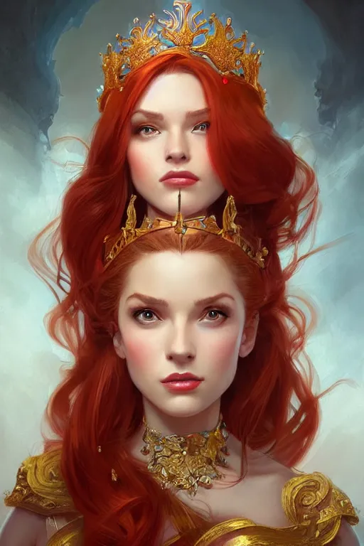 Image similar to beautiful female princess with a golden tiara on her head, portrait shot, long red hair, d & d, fantasy, intricate, elegant, highly detailed, digital painting, artstation, concept art, matte, sharp focus, illustration, hearthstone, art by artgerm and greg rutkowski and alphonse mucha