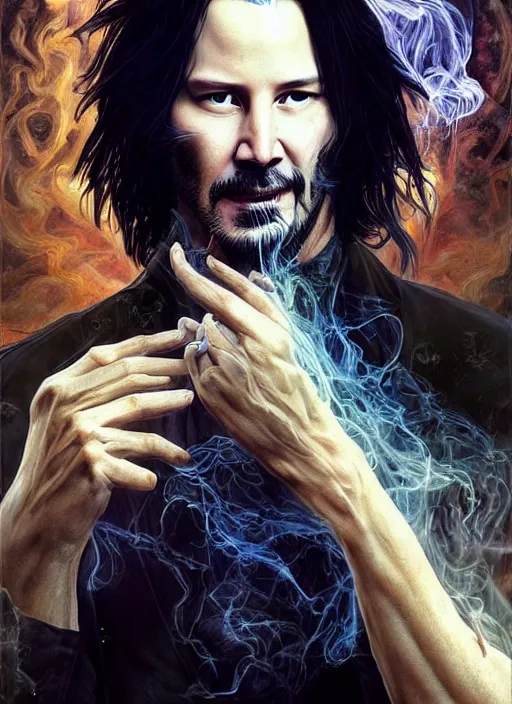 Image similar to keanu reeves as sandman elemental, with fingers and hair turning into smoke, fantasy, intricate, elegant, highly detailed, digital painting, artstation, concept art, wallpaper, smooth, sharp focus, illustration, art by artgerm and greg rutkowski and alphonse mucha