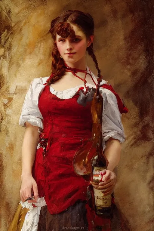 Image similar to Solomon Joseph Solomon and Richard Schmid and Jeremy Lipking victorian genre painting full length portrait painting of a young beautiful woman traditional german french barmaid in fantasy costume, red background