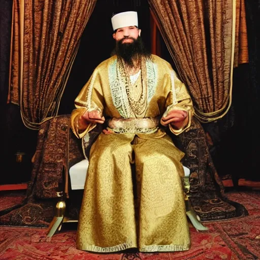 Image similar to A man with a beard, sitting on a throne, dressed in the clothes of a sultan. one leg is placed on the other, the hand is scratching his beard and thoughtfully looks at the thrown cubes on the table. Fantasy style