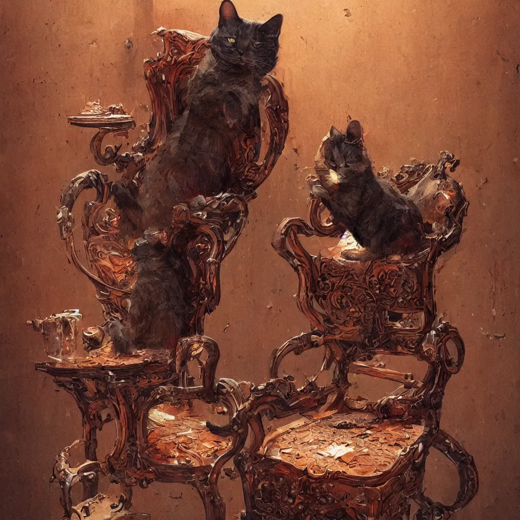 Prompt: a cat character laying, wood carved chair, super powers, concept art, by greg rutkowski, old copper pipes, complementing colors