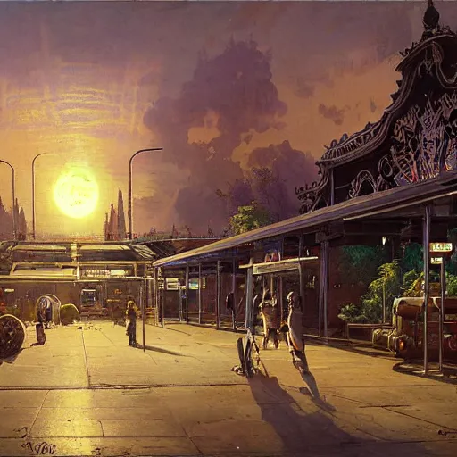 Prompt: painting of syd mead artlilery scifi organic shaped bus park with ornate metal work lands on a farm, fossil ornaments, volumetric lights, purple sun, andreas achenbach