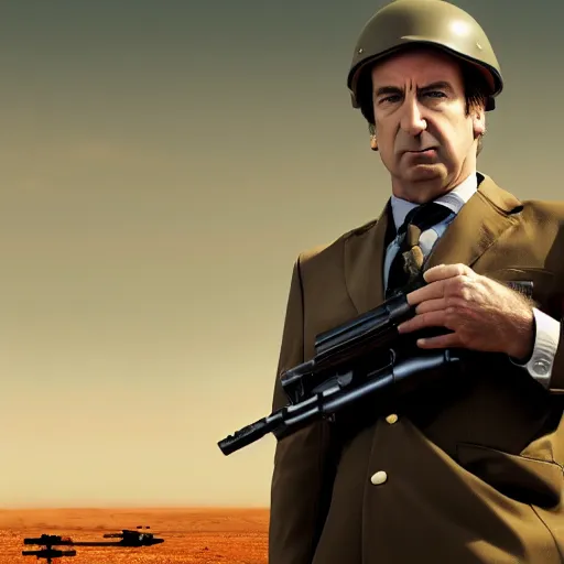 Image similar to Saul Goodman wearing heavy modern military gear and holding a machine gun, highly detailed, 4k