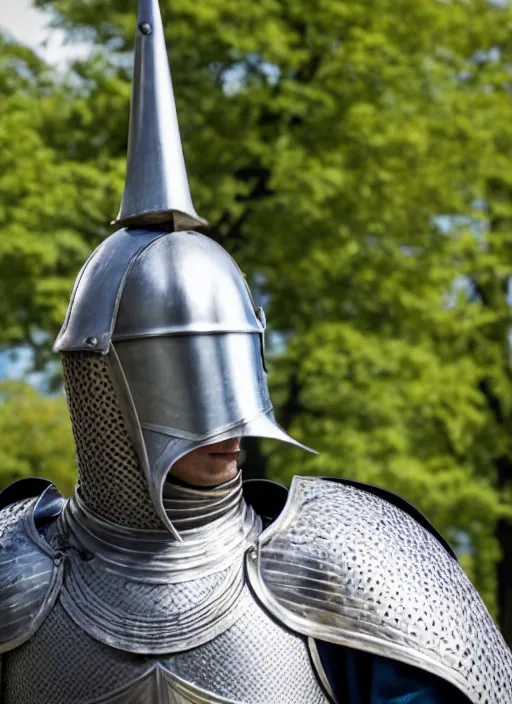 Prompt: photo still of a knight from medieval in a park on a bright sunny day, 8 k 8 5 mm f 1 6