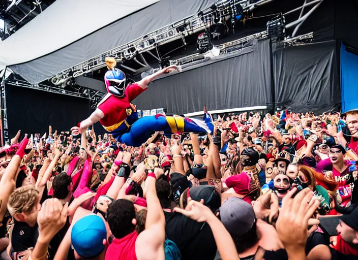 Image similar to photo still of putties from power rangers at the vans warped tour!!!!!!!! at age 3 6 years old 3 6 years of age!!!!!!!! stage diving into the crowd, 8 k, 8 5 mm f 1. 8, studio lighting, rim light, right side key light