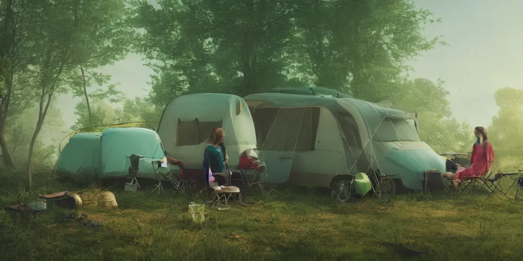 Image similar to two women camping next to green car, elegant scene, low angle, wide angle, indian forest, wide angle, cinematic, ultrarealistic, trending on artstation, cgsociety, highly detailed, color graded, rendered in unreal engine 4 k hq, matte painting, by simon stalenhag and hudson river school, horizon forbidden west