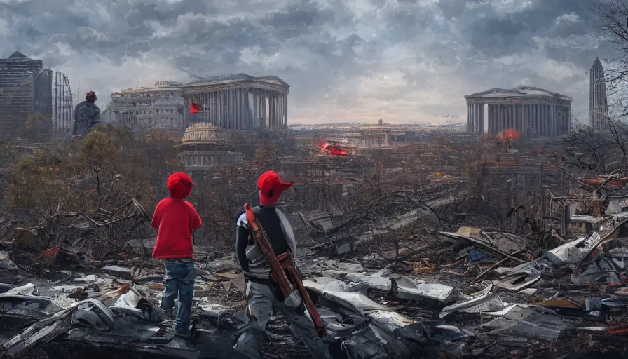 Prompt: father with shotgun and his son with red hat looking at destroyed washington dc from a rooftop, debris, destruction, cloudy day, vegetation, hyperdetailed, artstation, cgsociety, 8 k