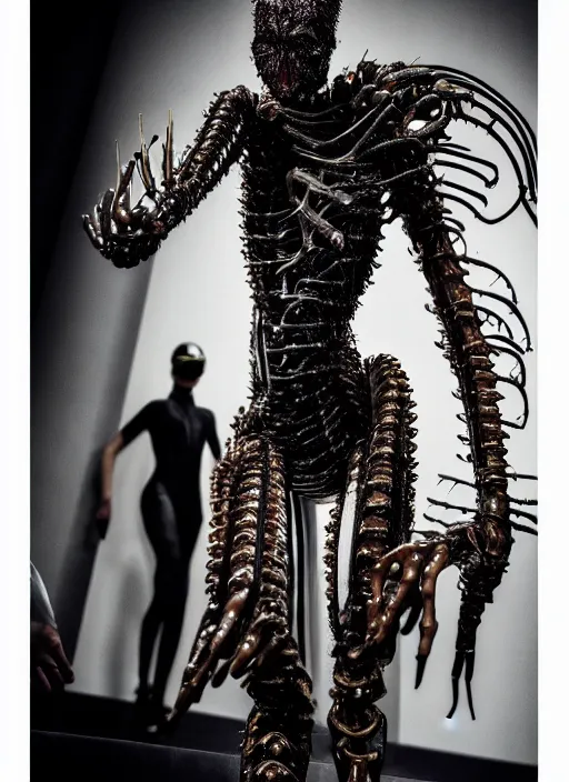 Image similar to walking down the catwalk, steven klein, show, stage, vogue photo, podium, fashion show photo, iris van herpen, beautiful woman, full body shot, helmet on face, masterpiece, plant predator, guyver, jellyfish, biomechanical details, movie still, fauvism, cinestill, bokeh, gelios lens