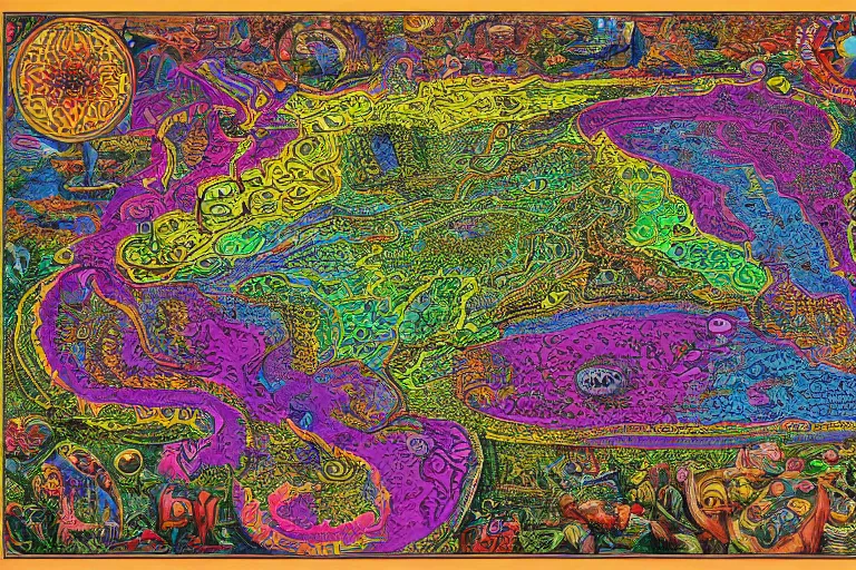 Image similar to Map of a psychedelic realm highly detailed, full color