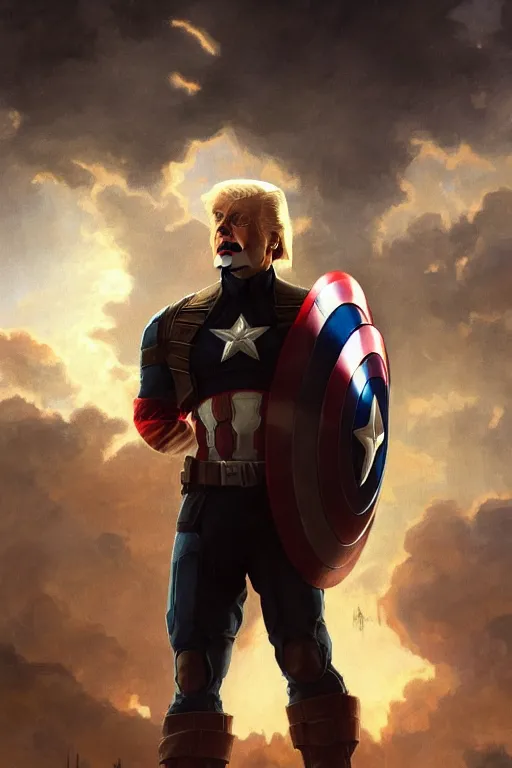 Image similar to a distant cinematic shot of Donald Trump as Captain America, D&D, fantasy, intricate, elegant, highly detailed, digital painting, artstation, concept art, matte, smooth, sharp focus, illustration, art by Artgerm and Greg Rutkowski and Alphonse Mucha, oil painting, 8k, hyper realistic