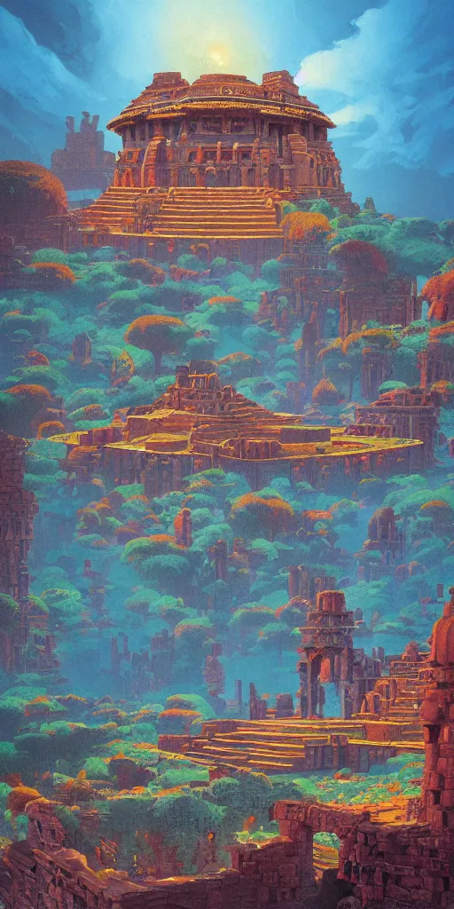 Image similar to palace of the aztec queen!!! a highly detailed cinematic oil painting by roger dean and alena aenami, dynamic lighting