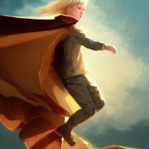 Image similar to blonde boy wearing a brown cape and flying in t pose, powerful, space background, oil painting, brush strokes, greg rutkowski