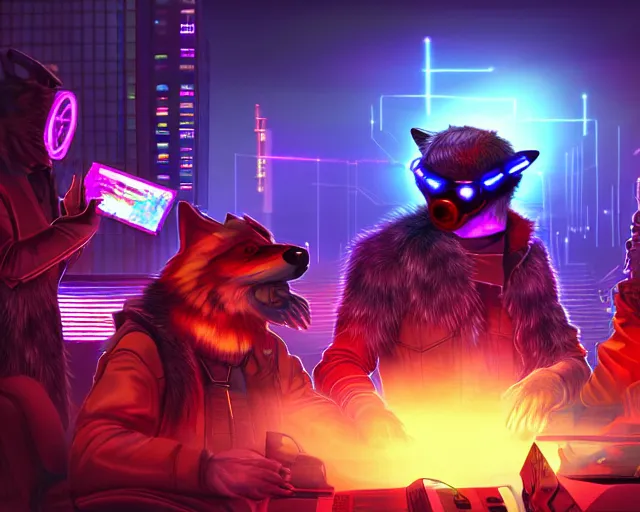 Image similar to high - resolution photograph from a cyberpunk era furry fandom convention ( midwest furfest 2 0 4 7 ), taking place after the genetic revolution and quantum singularity. photorealistic.