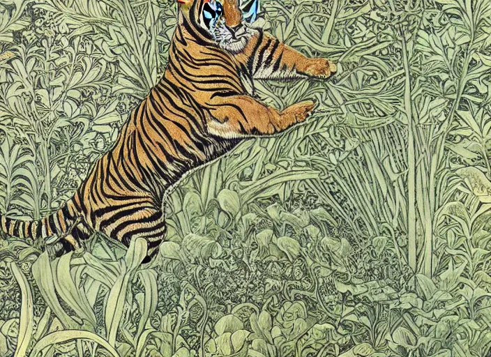 Image similar to a tiger in the centella asiatica in android jones, ernst haeckel and william morris style