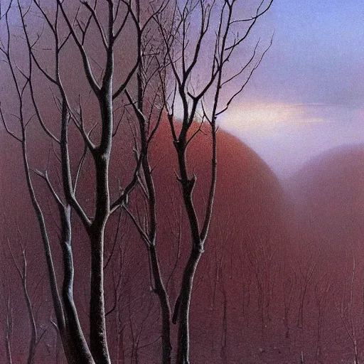 Prompt: Bare trees scrape the sky. The last leaf buried in white. Winter's pallid face. A detailed oil on canvas painting by Gerald Brom and Zdzisław Beksiński