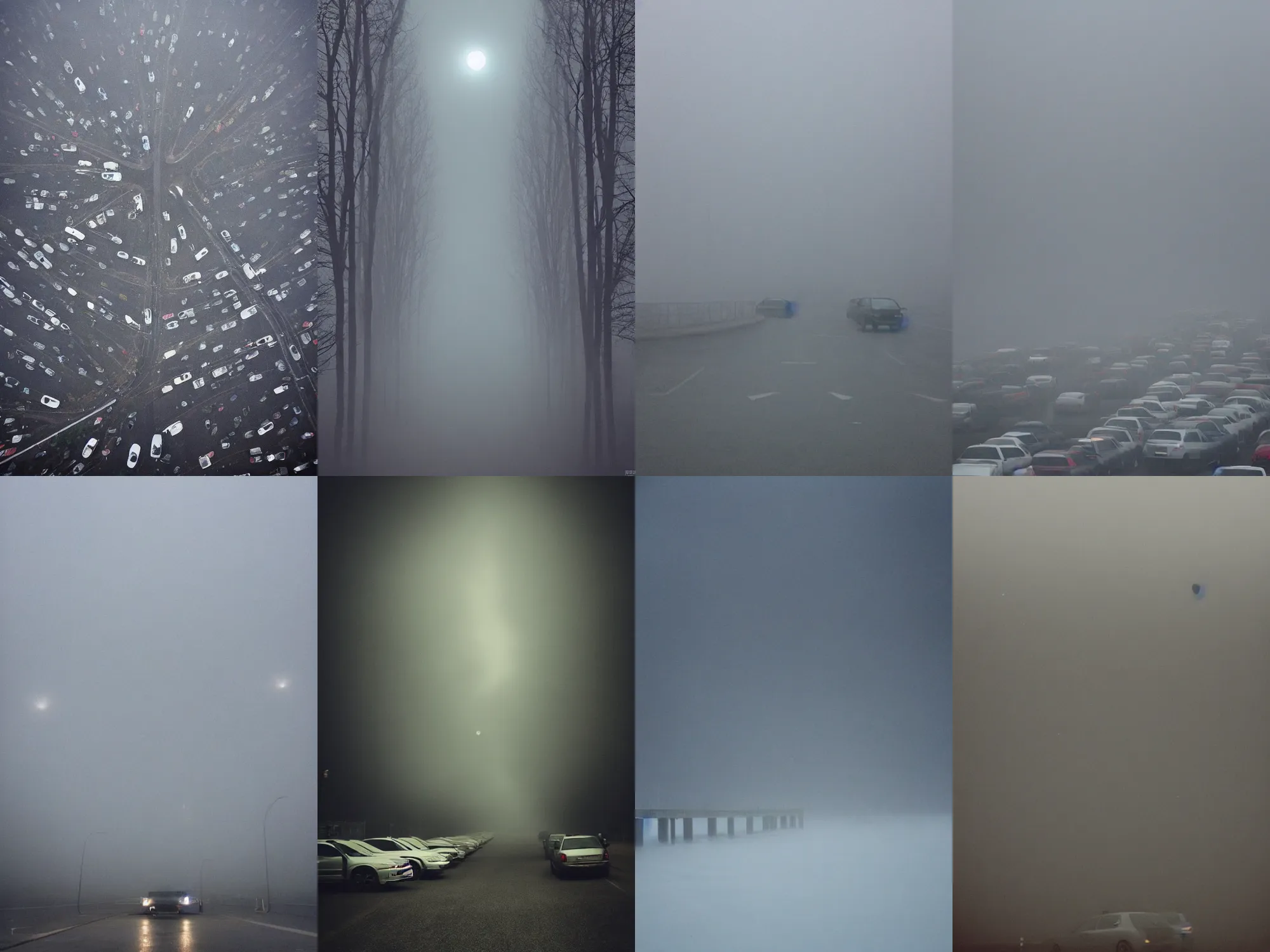 Prompt: ! dream empty liminal foggy parking lot many people!!!!!!! floating!!!!!!!!!!!! in sky!!!