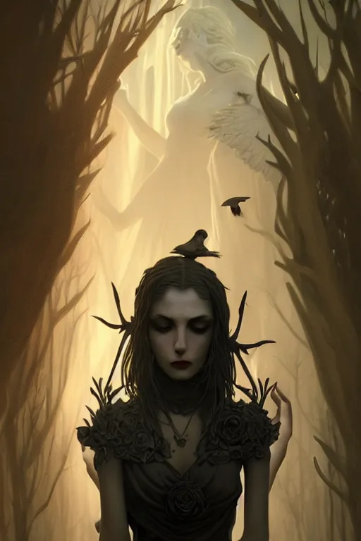 Prompt: beautiful very extreme closeup portrait, gothic girl, goth, vampire, birds, weeping angels, angel of grief, stone statues, beautiful woman body, unreal engine, greg rutkowski, loish, rhads, beeple, tom bagshaw, alphonse mucha, global illumination, detailed and intricate environment