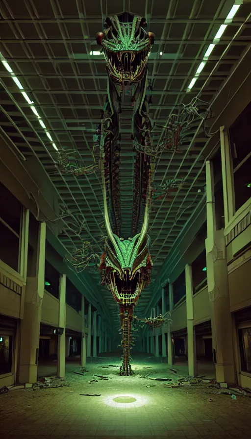 Image similar to biomechanical cybernetic monster creature in the dark abandoned mall, absolutely symmetrical 3 d artwork by simon stalenhag tooth wu ande beeple