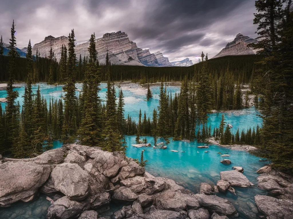 Image similar to Banff national park, Canada , award winning photography, nature, HDR, natural lighting , Cinematic shot , far shot, shot on Canon EOS R5, f/2.5,