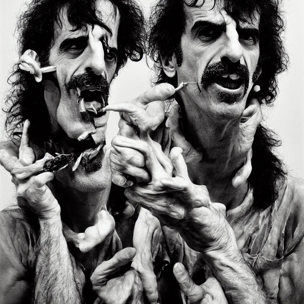 Image similar to award winning photo of frank zappa eating himself, vivid colors, happy, symmetrical face, beautiful eyes, studio lighting, wide shot art by Sally Mann & Arnold Newman