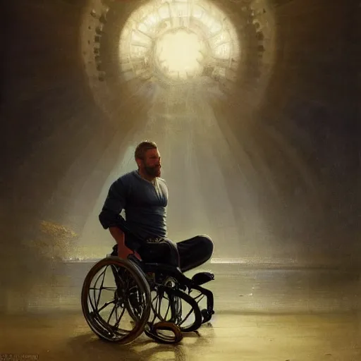 Image similar to handsome portrait of a wheelchair guy fitness posing, radiant light, caustics, war hero, smooth, one legged amputee, reflective ocean tropical, lush beach surroundings, by gaston bussiere, bayard wu, greg rutkowski, giger, maxim verehin