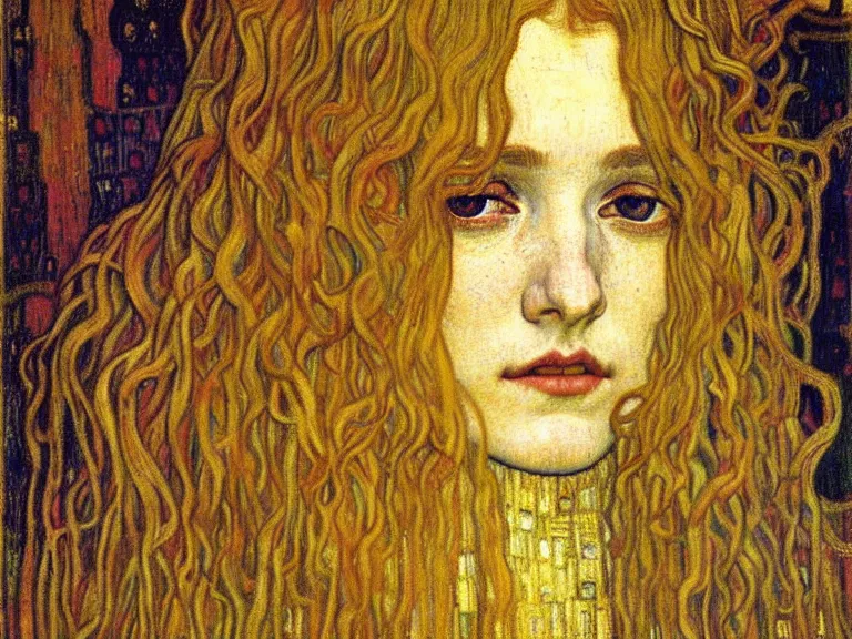 Image similar to detailed realistic beautiful young medieval queen face portrait by jean delville, gustav klimt and vincent van gogh, art nouveau, symbolist, visionary, gothic, pre - raphaelite, muted earthy colors, desaturated