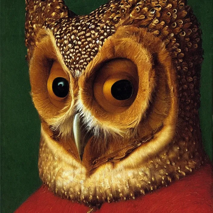 Image similar to close up portrait of the owl king. jan van eyck