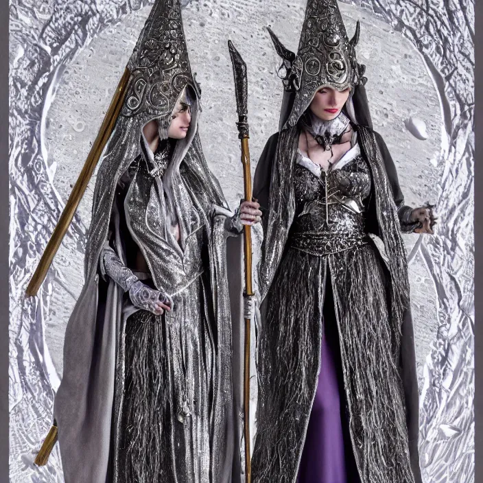 Image similar to photograph of a real-life beautiful lunar witch with ornate silver robes and staff. Extremely detailed. 8k