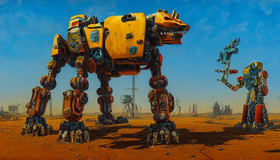 Image similar to an intricate oil painting of a giant south african armored cheetah shaped scrap metal mecha by simon stalenhag, yellow, orange and cyan paint decals