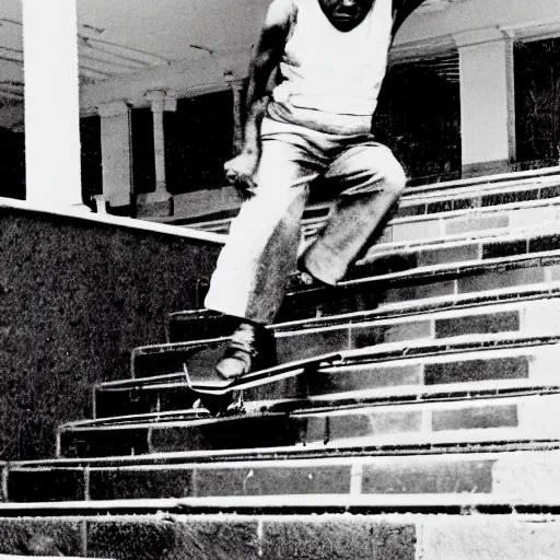 Prompt: Historical photograph of Harriet Tubman doing a kickflip over some stairs