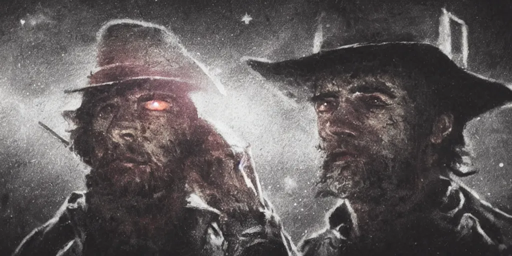 Prompt: close up portrait of rugged bandit ( ( alone ) ) in the old west, handcuffed by shackles at a campfire, volumetric lighting, cinematic, dark, grim, starry sky, in the style of anime